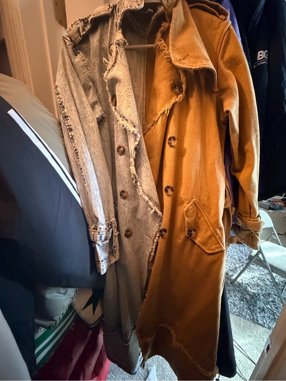 AKIRA Two-Tone Distressed Long Trench Coat in Mustard and Faded Gray